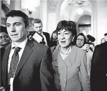  ?? J. SCOTT APPLEWHITE/AP ?? Sen. Susan Collins, R-Maine, departs as GOP senators leave a closed-door strategy session Tuesday at the Capitol.