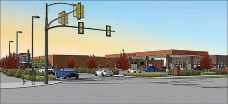  ?? SUBMITTED ?? This rendering shows one of the new traffic signals on Route 615 serving the City Market developmen­t southwest of Routes 2 and 615 in Mentor.