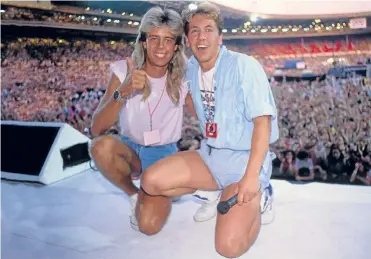  ??  ?? ▼
We’re pants. I mean, it looks like Pat Sharp and I are wearing hot pants!