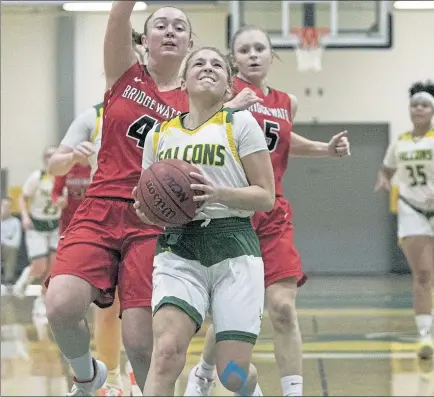  ?? JOHN LOVE / SENTINEL & ENTERPRISE ?? Fitchburg State University’s Angelina Marazzi drives to the basket just ahead of Bridgewate­r State’s Nina Morrison during Wednesday night’s game.