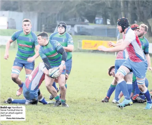  ??  ?? Build-up Hamilton’s Stevie Turnbull tries to start an attack against Jed-forest
Photo: Nick Schaschke