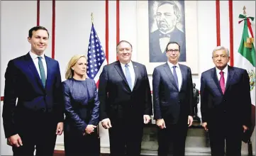  ??  ?? (From left) Kushner, Nielsen, Pompeo, Mnuchin and Lopez Obrador pose for a picture before a meeting in Mexico City, Mexico. — Reuters photo