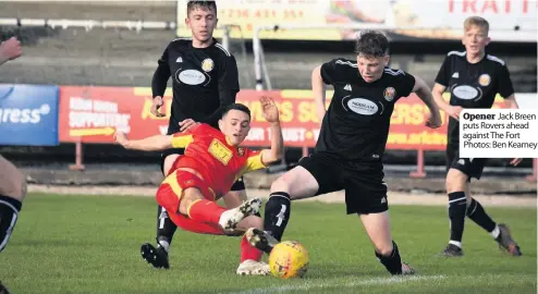  ??  ?? Opener Jack Breen puts Rovers ahead against The Fort Photos: Ben Kearney