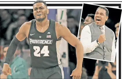  ?? Getty Images; Paul J. Bereswill; AP ?? BIG NIGHT: Kyron Cartwright reacts after making a shot during the second half of Providence’s 75-72 overtime victory over Xavier. Providence coach Ed Cooley (inset) celebrates the Friars’ win. Nate Watson (left) blocks a shot by Tyrique Jones during...