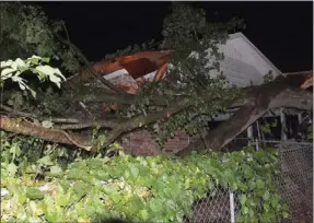  ??  ?? Pea Ridge firefighte­rs were dispatched to several sites to remove trees from houses Saturday night after a storm passed through town. A tree fell on a house at 1616 S. Curtis Ave.; no one was injured.