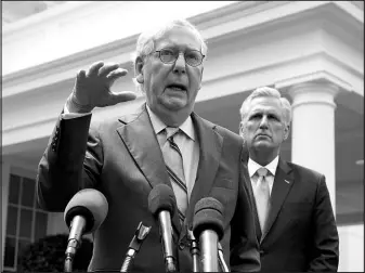  ?? EVAN VUCCI / ASSOCIATED PRESS FILE (2021) ?? Senate Minority Leader Mitch Mcconnell, left, and House Minority Leader Kevin Mccarthy speak to reporters May 12, 2021, outside the White House.
