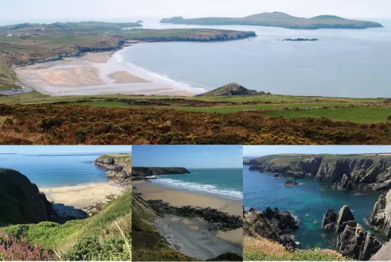  ?? ?? [Captions clockwise from top] The view from Carn Llidi down to Whitesands Bay; Kayakers seen from the Pembrokesh­ire Coast Path; A couple walking on Marloes Sands; Looking out over Caerfai Beach