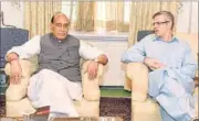  ??  ?? Home minister Rajnath Singh in a meeting with National Conference leader Omar Abdullah in Srinagar, on Wednesday. PTI PHOTO