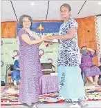  ?? Picture: SUPPLIED ?? Virisila Silivere receives her reward from Assistant Minister for Women Sashi Kiran.