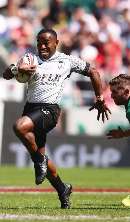  ??  ?? Fiji Airways Fijian 7s winger turned halfback Waisea Nacuqu in full flight to score a try against Ireland in the Cup semifinals of the London 7s at Twickenham on June 3, 2018. Fiji won 38-12. The Fijians are in a tough pool for the Paris 7s where they...