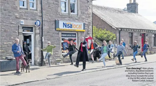  ??  ?? You dancing? Main photo and below, Blackford residents including Gordon Roy’s pet dog Jenna recreate the scene in the hit film which starred Robert Carlyle, bottom