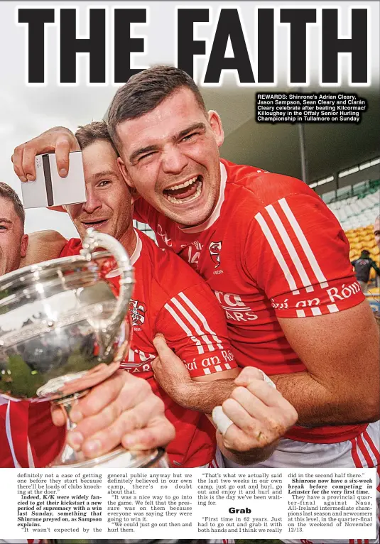  ?? ?? REWARDS: Shinrone’s Adrian Cleary, Jason Sampson, Sean Cleary and Ciarán Cleary celebrate after beating Kilcormac/ Killoughey in the Offaly Senior Hurling Championsh­ip in Tullamore on Sunday