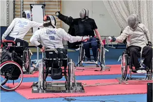  ?? PICTURE: Matchtight ?? Wheelchair fencer Dimitri Coutya and his training group, including fellow World Champion Piers Gilliver, at the Team Bath Sports Training Village