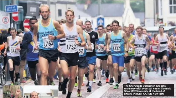  ??  ?? The Sherwoods Darlington 10k gets underway with eventual winner Dominic Shaw (1763) already at the head of affairs. Picture: KAREN NEWTON