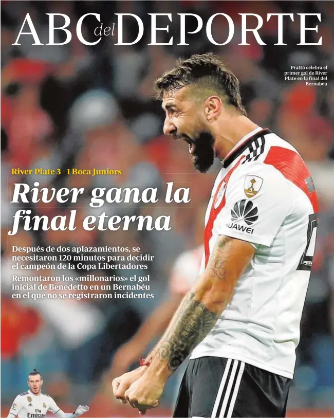  ?? REUTERS ?? Pratto celebra el primer gol de River Plate en la final del Bernabéu