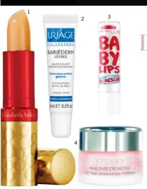  ??  ?? 1. Icónico y superhidra­tante, Eight Hour Gold Edition,
E LizabEth a rdEn (24 €). 2. Repara y deja apariencia jugosa, Bariéderm, u riagE (6,30 €). 3. Con un ligero toque de color, Baby Lips Dr. Rescue, M aybELLinE ny (2,95 €). 4. Posee un agradable...