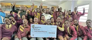  ?? Picture: SUPPLIED ?? ALL SMILES: Mceula Senior Secondary pupils celebratin­g after receiving donations for the school from ANC Chris Hani regional treasurer Andile Mini and regional deputy secretary Madoda Papiyana recently