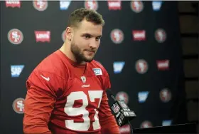  ?? JEFF CHIU — THE ASSOCIATED PRESS FILE ?? 49ers defensive end Nick Bosa speaks during a Jan. 23 a news conference in Santa Clara, Calif. Bosa has been running in parks and lifting weights at a gym his dad owns.