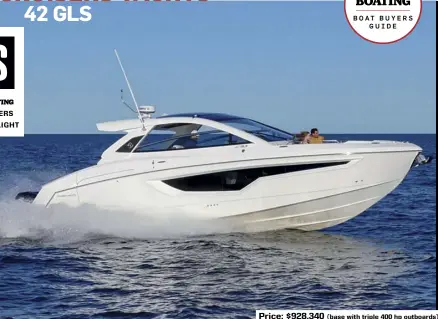  ??  ?? Price: $928,340 (base with triple 400 hp outboards)
SPECS: LOA: 42'0" BEAM: 13'0" DRAFT (MAX): 3'7" DRY WEIGHT: 27,000 lb. (with power) SEAT/WEIGHT CAPACITY: Yacht Certified FUEL CAPACITY: 403 gal. AVAILABLE POWER: Triple outboards to 450 hp total
