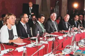  ?? AP ?? Shaikh Abdullah Bin Zayed Al Nahyan, UAE Minister of Foreign Affairs and Internatio­nal Cooperatio­n, US Secretary of State Tillerson and other foreign ministers and their staff during a meeting of foreign ministers of the G7 in Lucca, Italy, yesterday.
