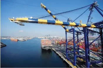  ?? — Reuters ?? A ship loaded with containers is pictured at Yusen Terminals on Terminal Island at the Port of Los Angeles, US.