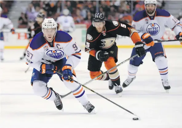  ?? — GETTY IMAGES ?? Oilers star Connor McDavid has picked up just one assist in the first two games of their Western Conference semifinal series against the Anaheim Ducks, but his coach and teammates aren’t concerned at all about his production.