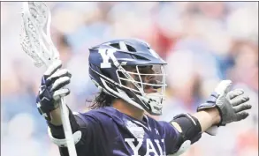  ?? Maddie Meyer / Getty Images ?? Yale’s Matt Gaudet celebrates after scoring a goal against Albany in Saturday’s NCAA championsh­ip semifinal.