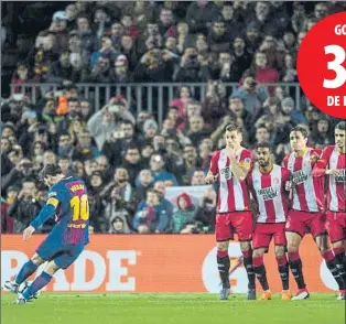  ?? FOTO: PERE PUNTÍ ?? Messi marcó un gol de falta raseando el balón al Girona en la última temporada