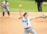  ?? KENDALL WARNER/STAFF ?? Christophe­r Newport’s Kate Alger pitches on her way to a perfect game Friday against Roanoke during an NCAA Division III regional in Newport News.