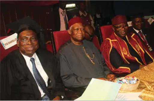  ??  ?? L-R: Vice Chancellor, University of Lagos, Prof. Rahamon Bello; Chairman Convocatio­n ceremonies, Senator Ike Nwachukwu; Guest Lecturer and Minister of Mines and Steel Developmen­t, Dr. Kayode Fayemi; and Deputy Vice Chancellor (Management Services),...