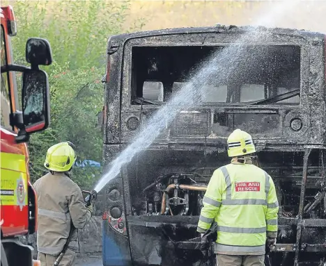  ??  ?? FIREFIGHTE­RS battled a blaze on a Stagecoach bus today.
Emergency services were called to Longforgan just after 5.30am.
The fire destroyed the rear of the vehicle.
It is understood there were no passengers on the bus at the time.
A spokeswoma­n for...