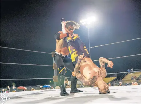  ?? BASIL MAHMUD ?? Alex Shelley vs. TJP from Warrior Wrestling Stadium Series Night 1 on Sept. 12 at Marian Catholic High School in Chicago Heights is featured on “Warrior Wrestling-Greatest Matches Episode 3.” The free online show premieres episodes on Thursday nights on YouTube.