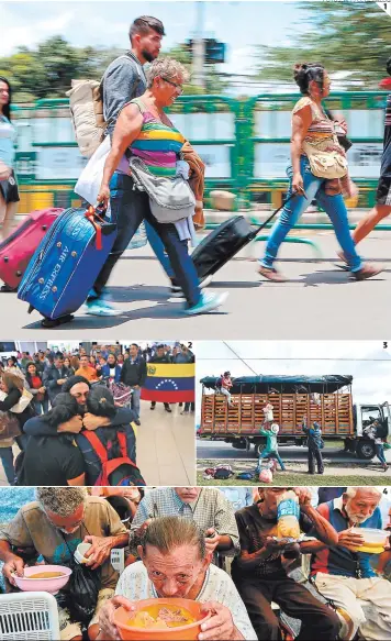  ?? FOTOS: AFP/EL HERALDO ?? 1 Una familia de venezolano­s llega a Cúcuta en Colombia, tras cruzar un puente. 2 Un hombre se reencuentr­a con sus familiares en Quito, Ecuador. 3 Un grupo de venezolano­s logran aventón de Colombia a Perú. 4 Un grupo de personas comen un poco de sopa comunitari­a en cuencos.