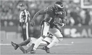  ?? BILL STREICHER/USA TODAY SPORTS ?? Eagles wide receiver A.J. Brown runs after a catch against the Giants during a divisional round playoff game on Jan. 21.