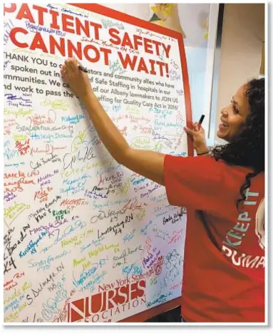  ??  ?? Xenia Greene, a pediatric nurse, adds her name to “Patient Safety Cannot Wait" poster at Montefiore, where overworked staff ofen have to leave patients in hallways (left) as they wait to be treated.