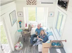  ??  ?? TOP (LEFT AND RIGHT) The couple relax in their 300-square-foot (27.8-square-metre) tiny house in their backyard.