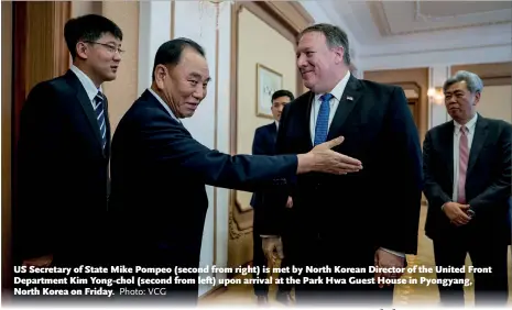  ?? Photo: VCG ?? US Secretary of State Mike Pompeo (second from right) is met by North Korean Director of the United Front Department Kim Yong-chol (second from left) upon arrival at the Park Hwa Guest House in Pyongyang, North Korea on Friday.