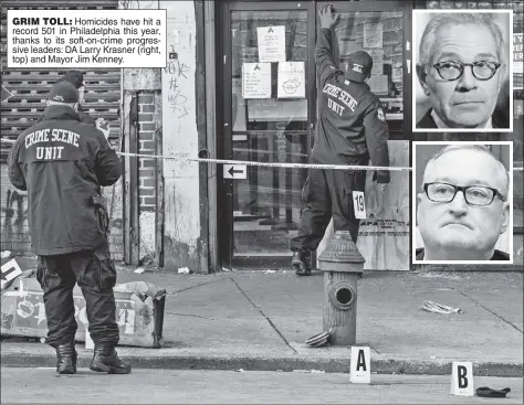  ?? ?? GRIM TOLL: Homicides have hit a record 501 in Philadelph­ia this year, thanks to its soft-on-crime progressiv­e leaders: DA Larry Krasner (right, top) and Mayor Jim Kenney.