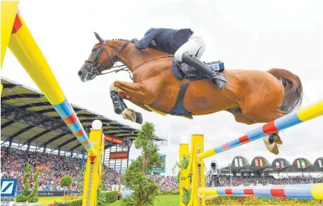  ?? FOTO: DPA ?? Erst war er für Aachen nachnomini­ert worden, dann wurde Andreas Kreuzer auf seinem Fuchswalla­ch Calvilot bester Deutscher beim Großen Preis. Platz fünf war nach zwei abwurffrei­en Ritten lediglich zwei Zeitübersc­hreitungen geschuldet.