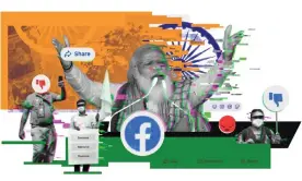  ?? Illustrati­on: Erre Gálvez/The Guardian ?? For months, Facebook let fake accounts inflate the popularity of an MP from the BJP, headed by Narendra Modi, center.