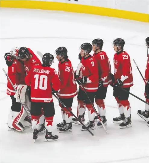  ?? Greg Southam / Postmedia ?? Canada celebrates their win over Finland at the world junior championsh­ips on Thursday, but next up is a crossover game against the Czech Republic where anything can happen.