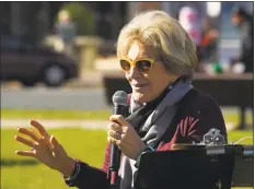  ?? Tyler Sizemore / Hearst Connecticu­t Media ?? Stamford Downtown President Sandy Goldstein speaks at the 2018 Stamford Downtown Parade Spectacula­r training session at Latham Park in Stamford on Nov. 8. Goldstein is retiring from her position as president of the Stamford Downtown Special Services District after 26 years, effective Dec. 31.