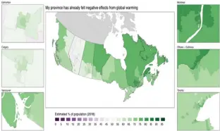  ?? AUTHOR PROVIDED ?? Percentage of Canadians, by riding, who believe their province has already been impacted by climate change.