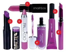  ??  ?? 1 Smashbox Be Legendary Matte Lipstick in Talk To Me R300. 2 L.A. Girl Flat Velvet Matte Lipstick in Love Triangle R49,95. 3 Palladio Pop Shine Brilliant Lip Balm in Flirtatiou­s R95. 4 Revlon Ultra HD Matte Metallic Lipcolor in Dazzle R185. 5 L’Oréal Paris Infallible Matte Lip Paint in Wuthering Purple R155. 6 Revlon Ultra HD Lip Gel Lipcolor in Twilight R195.