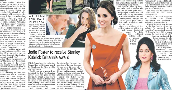  ??  ?? Britain’s Prince William and Catherine, Duchess of Cambridge, tour the Mission Hill winery in Kelowna, British Columbia, Canada, on Tuesday. ( Right and below) Catherine and William sample sushi during the Taste of British Columbia event. (Far right)...