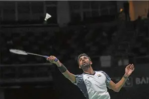  ?? (AFP) ?? India’s H.S. Prannoy returns a shot against Denmark’s Rasmus Gemke during the semi-finals of the Thomas and Uber Cup badminton tournament in Bangkok on Friday.