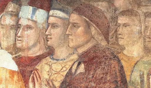  ??  ?? Primo piano Dante nell’affresco realizzato dagli allievi e collaborat­ori di Giotto nella Cappella del Podestà, a sinistra Paola D’Agostino e un momento della presentazi­one delle mostre