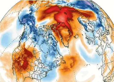  ?? IMAGE: CLIMATE REANALYZER ?? ‘‘It’s just wrong’’: This week’s unusual burst of heat over the Arctic.