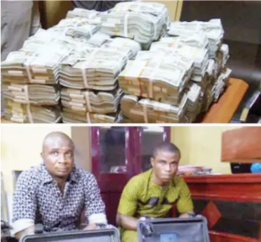  ?? PHOTO: EFCC ?? Ighoh Augustine and Ezekwe Emmanuel, during their arrest by officials of the Economic and Financial Crimes Commission, Enugu Zonal Office, at the Akanu Ibiam Internatio­nal Airport, Enugu for allegedly being in possession of $ 2.8million (United States currency). They were suspected to be money launderers
