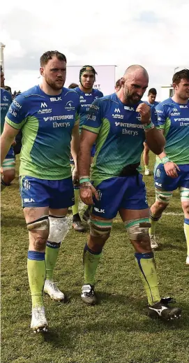  ?? SEB DALY/SPORTSFILE ?? Connacht captain John Muldoon (right) and Eoin McKeon can’t hide their dejection after their Challenge Cup defeat to Gloucester